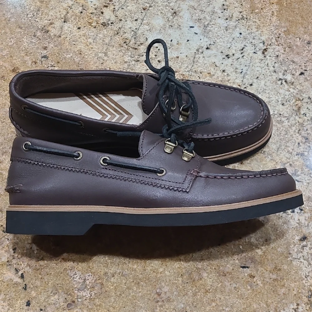 Sperry‎ Brown Black Authentic 2-eye Leather Boat Shoes With Moccasin Stitching